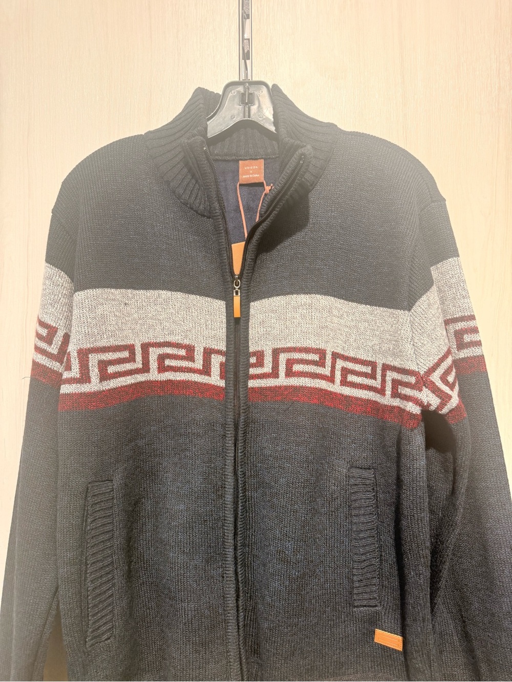 Men's Navy Zip-Up Sweater with Grey and Burgundy Geometric Band